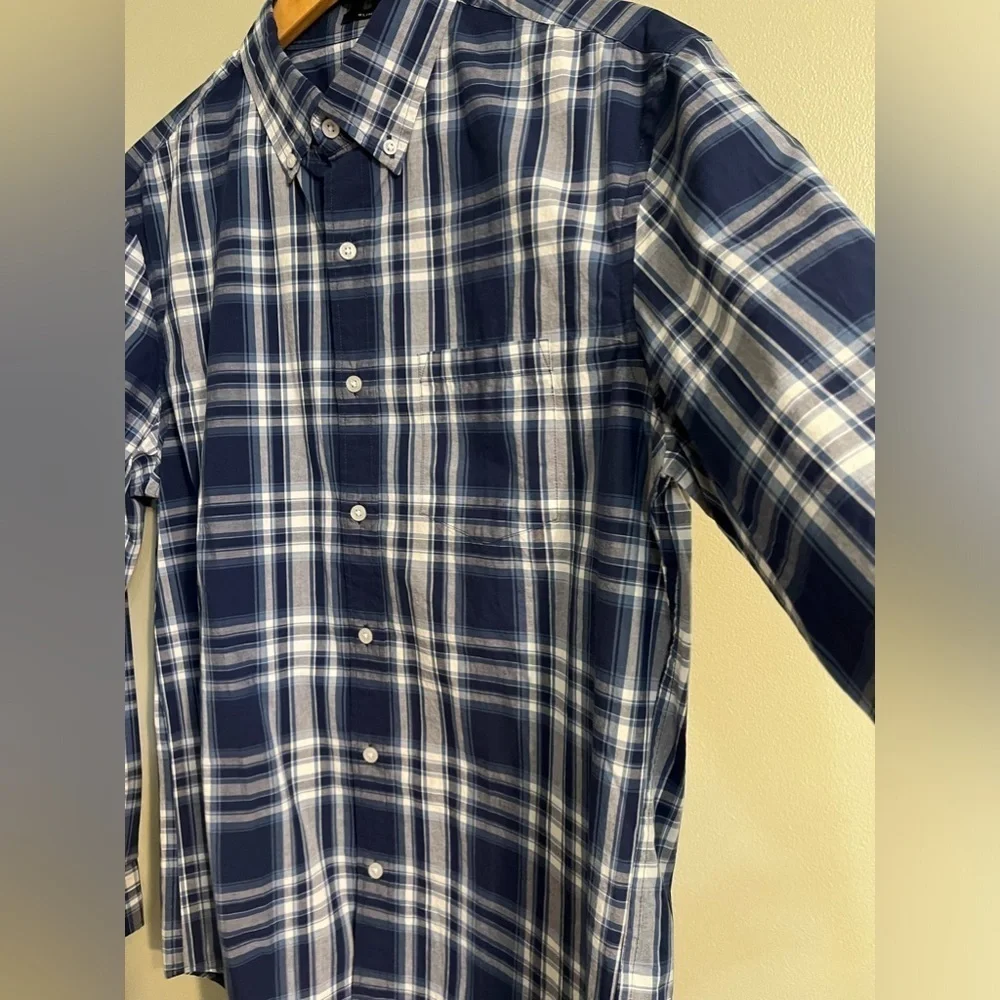 J Crew Flex Washed Slim Fit Blue Plaid Button Up Shirt Men’s Long Sleeves Sz L